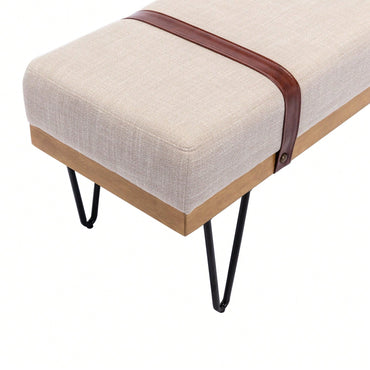 Linen Fabric Soft Cushion Upholstered Solid Wood Frame Rectangle Bed Bench With Powder Coating Metal Legs ,Entryway Footstool