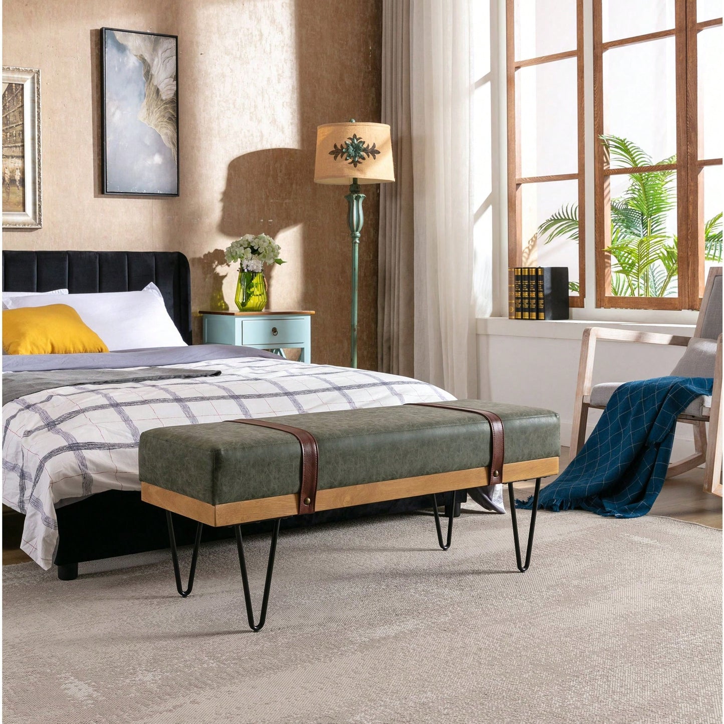 Faux Leather Soft Cushion Upholstered Solid Wood Frame Rectangle Bed Bench With Powder Coating Metal Legs ,Entryway Footstool