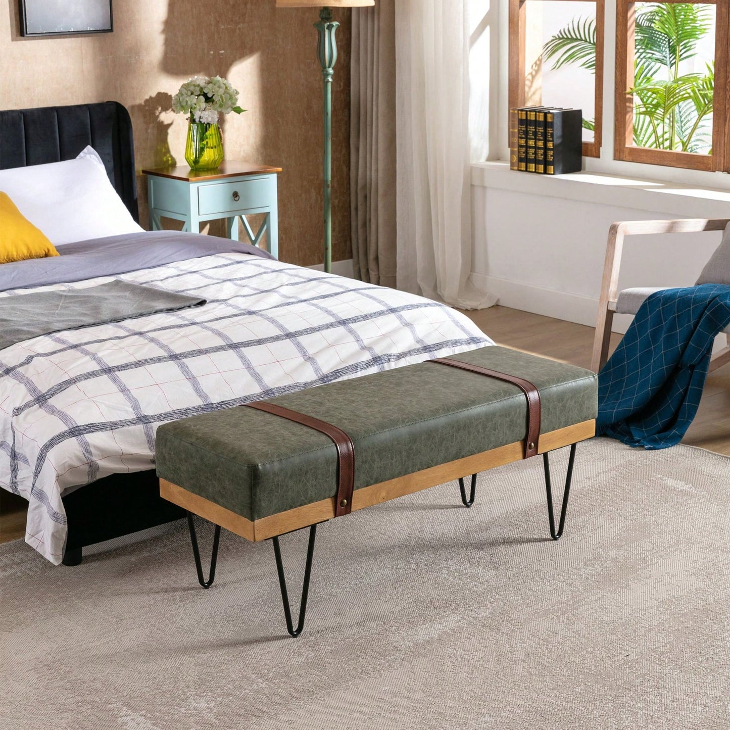 Faux Leather Soft Cushion Upholstered Solid Wood Frame Rectangle Bed Bench With Powder Coating Metal Legs ,Entryway Footstool