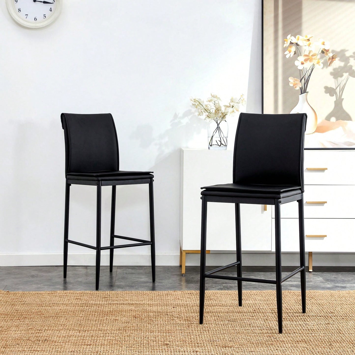 Grey Leather Barstool Dining Chairs - Counter Height Set of 2, Stylish Kitchen Seating, Modern Upholstered Stools