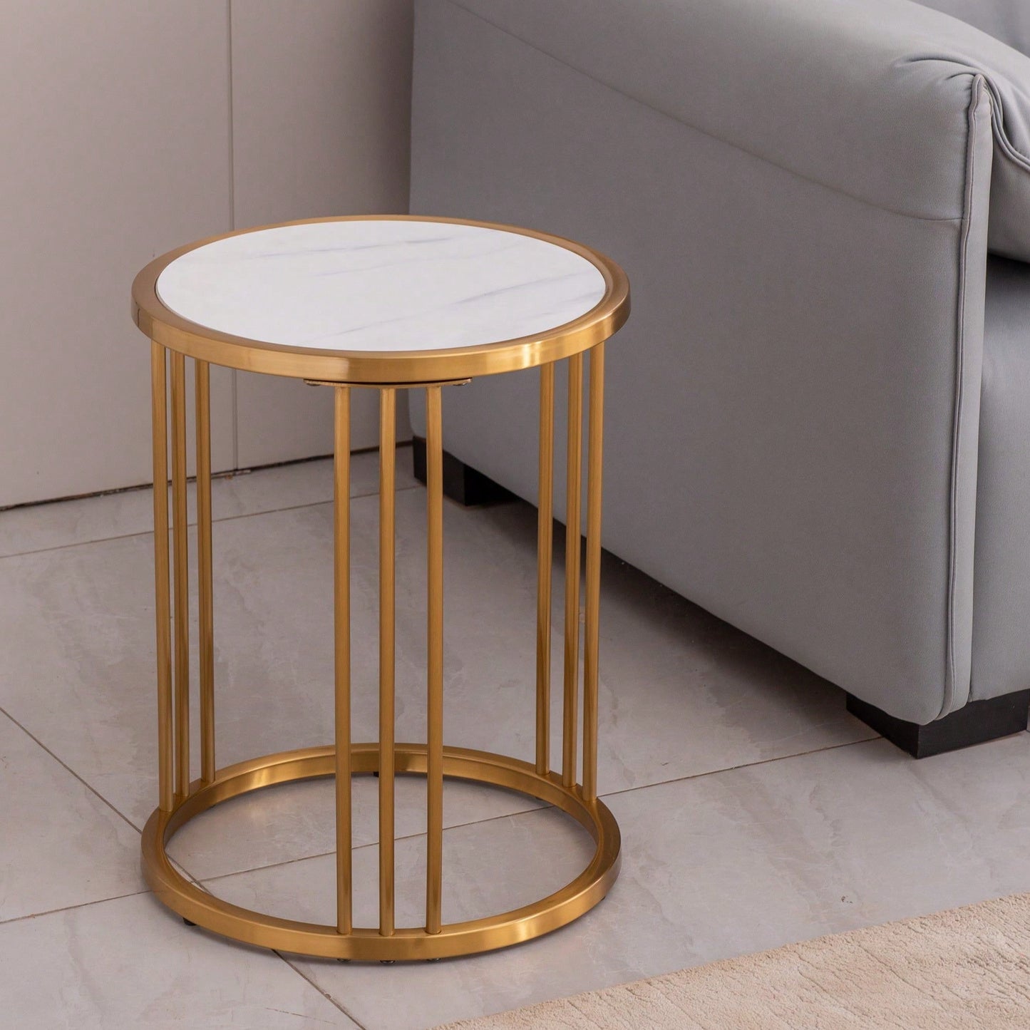 Sintered Stone Round Side/End Table With Golden Stainless Steel Frame