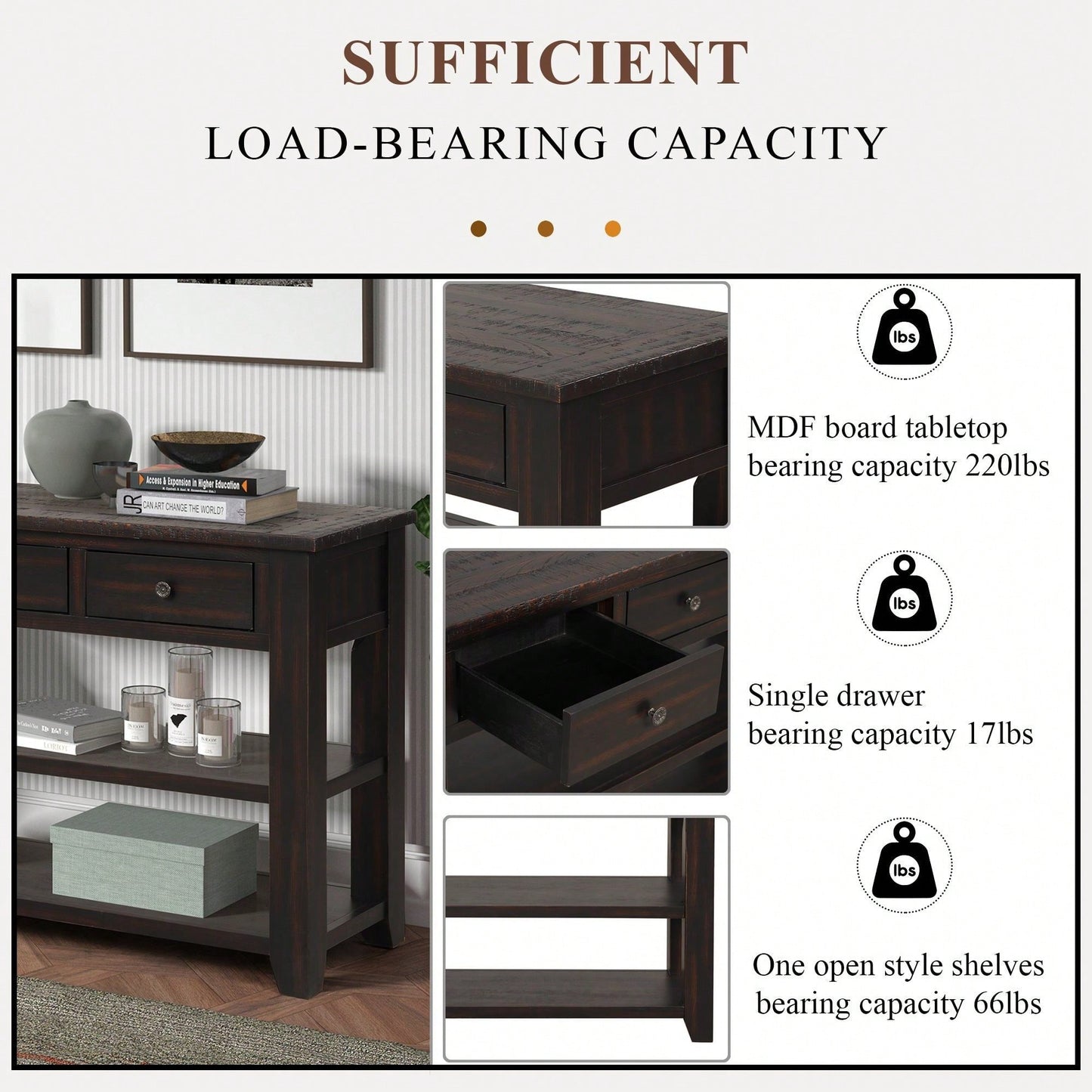 48'' Solid Pine Wood Top Console Table, Modern Entryway Sofa Side Table With 3 Storage Drawers And 2 Shelves. Easy To Assemble