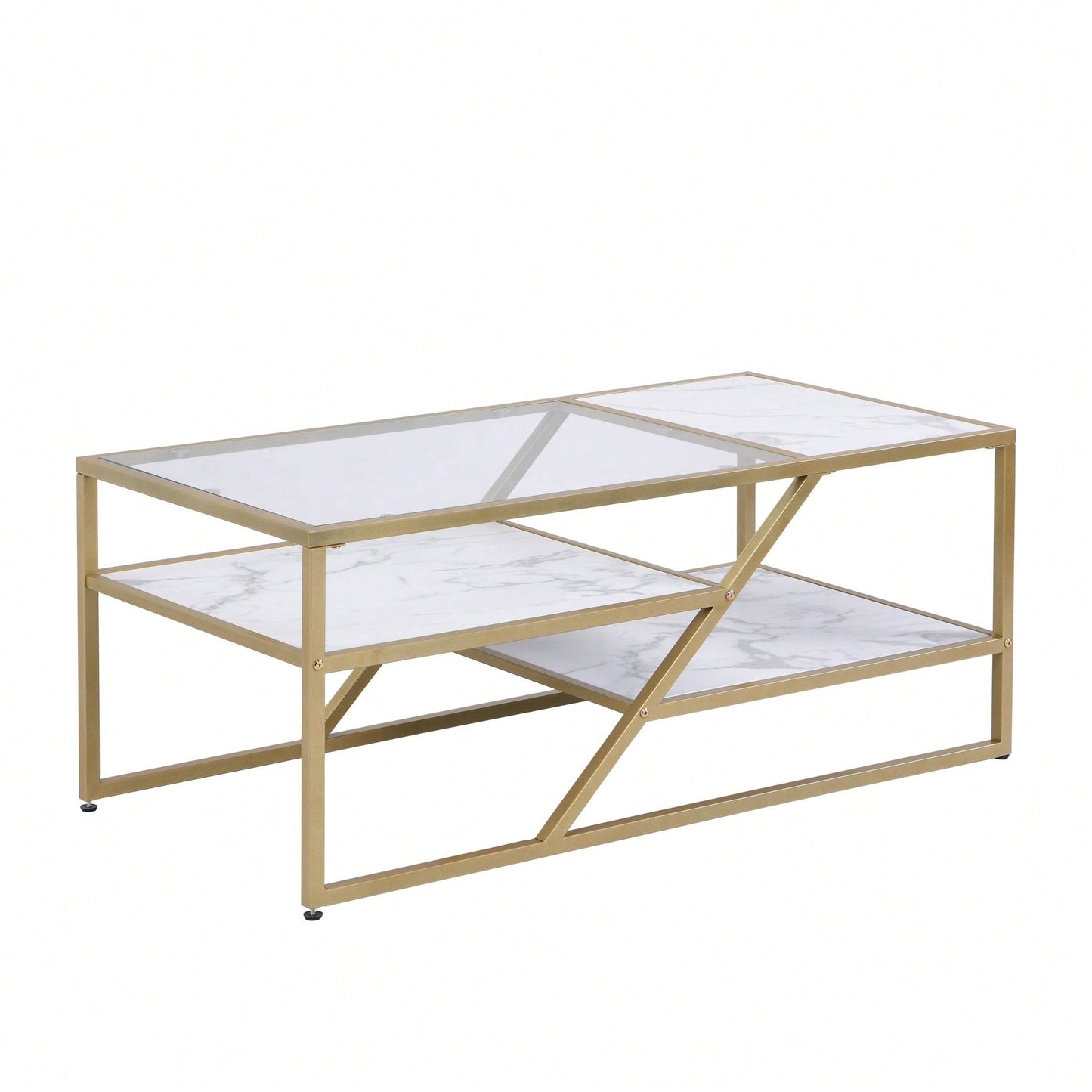 Golden Coffee Table With Storage Shelf, Tempered Glass Coffee Table With Metal Frame For Living Room & Bedroom