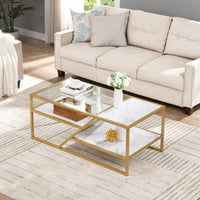 Golden Coffee Table With Storage Shelf, Tempered Glass Coffee Table With Metal Frame For Living Room & Bedroom