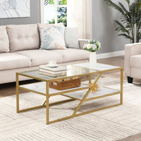 Golden Coffee Table With Storage Shelf, Tempered Glass Coffee Table With Metal Frame For Living Room & Bedroom