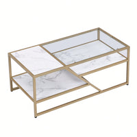 Golden Coffee Table With Storage Shelf, Tempered Glass Coffee Table With Metal Frame For Living Room & Bedroom