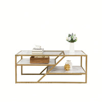 Golden Coffee Table With Storage Shelf, Tempered Glass Coffee Table With Metal Frame For Living Room & Bedroom