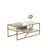 Golden Coffee Table With Storage Shelf, Tempered Glass Coffee Table With Metal Frame For Living Room & Bedroom