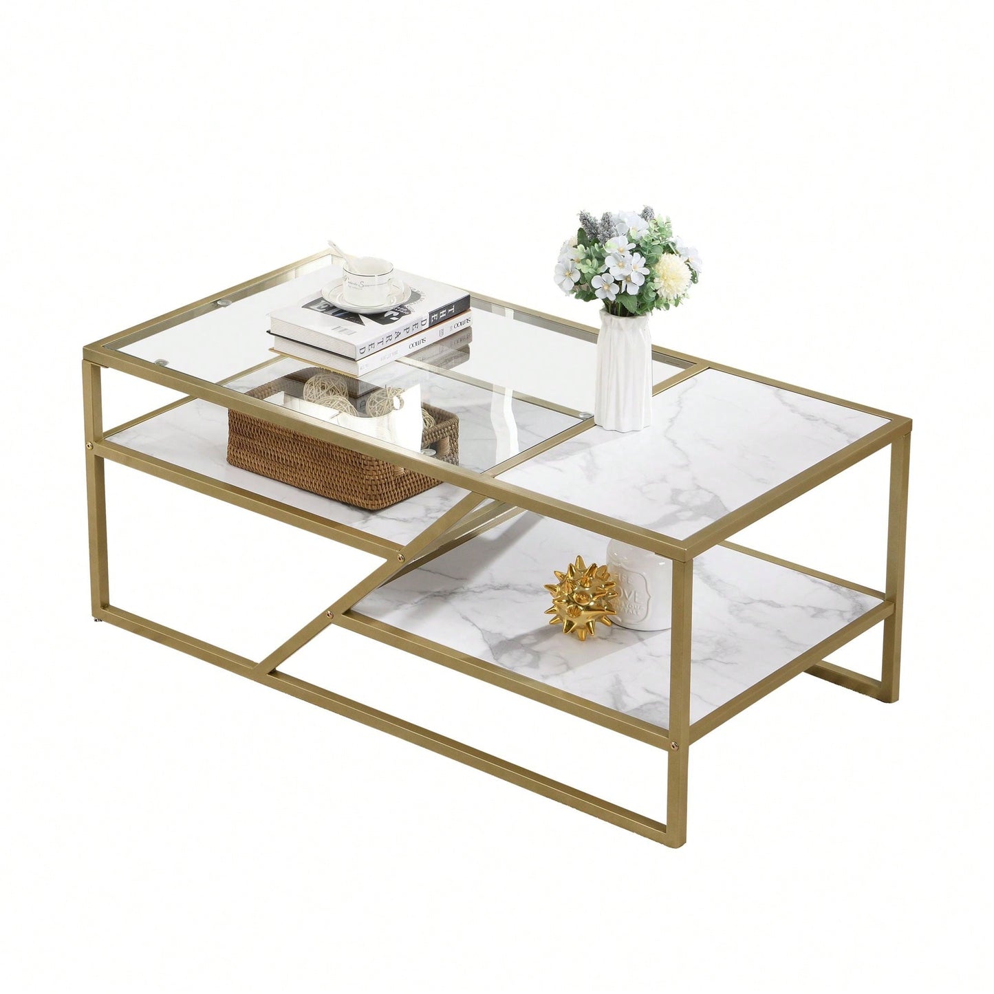 Golden Coffee Table With Storage Shelf, Tempered Glass Coffee Table With Metal Frame For Living Room & Bedroom