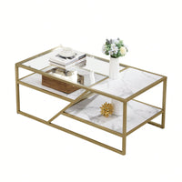 Golden Coffee Table With Storage Shelf, Tempered Glass Coffee Table With Metal Frame For Living Room & Bedroom