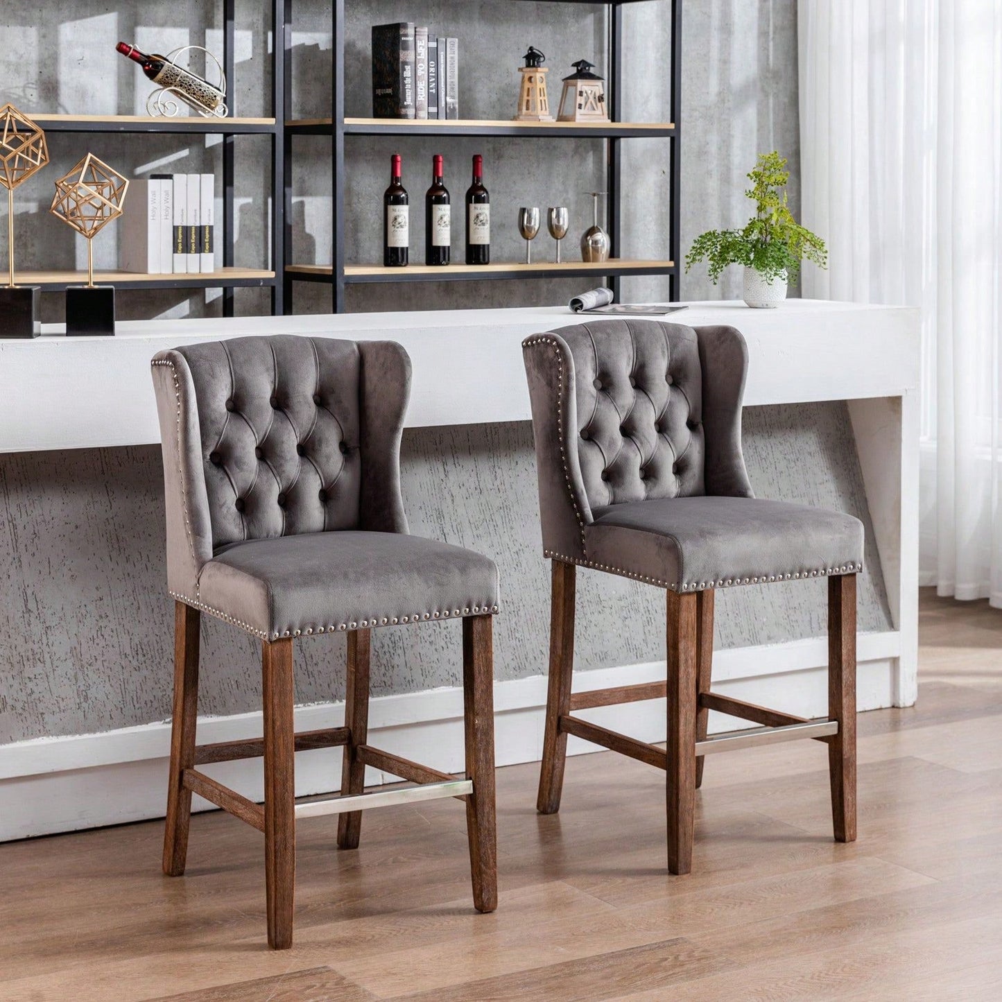 Upholstered Wingback Counter Height Bar Stools 27 Inch with Nailhead Trim and Tufted Back Set of 2