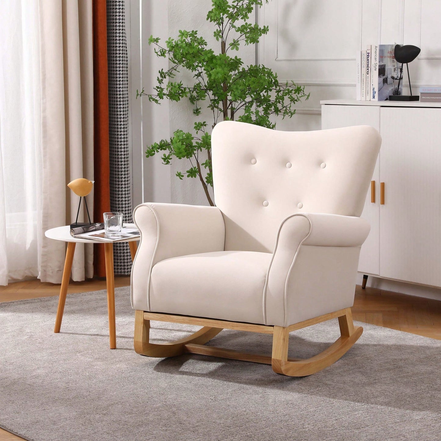 High Back Rocking Chair Nursery Chair , Comfortable Rocker Fabric Padded Seat ,Modern High Back Armchair