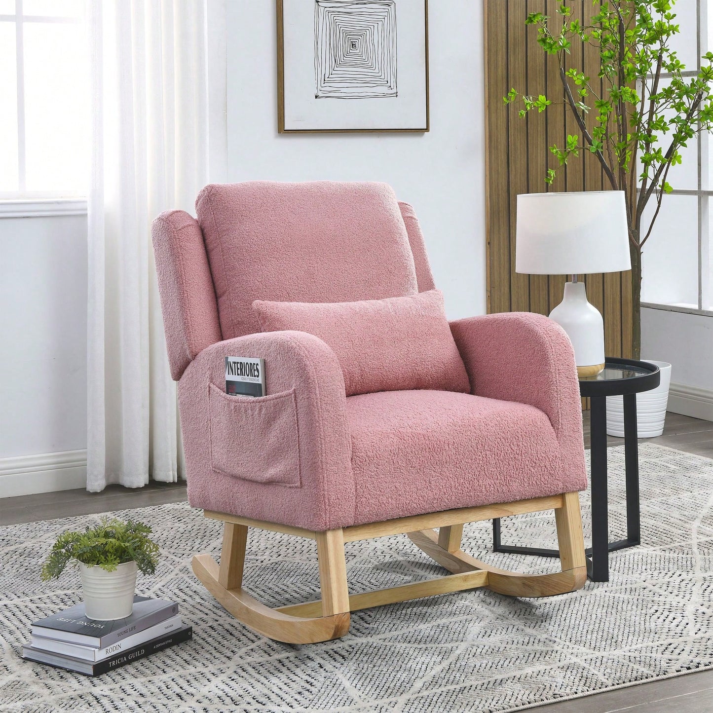 27.5"W Modern Accent High Back Living Room Casual Armchair Rocker With One Lumbar Pillow, Two Side Pockets