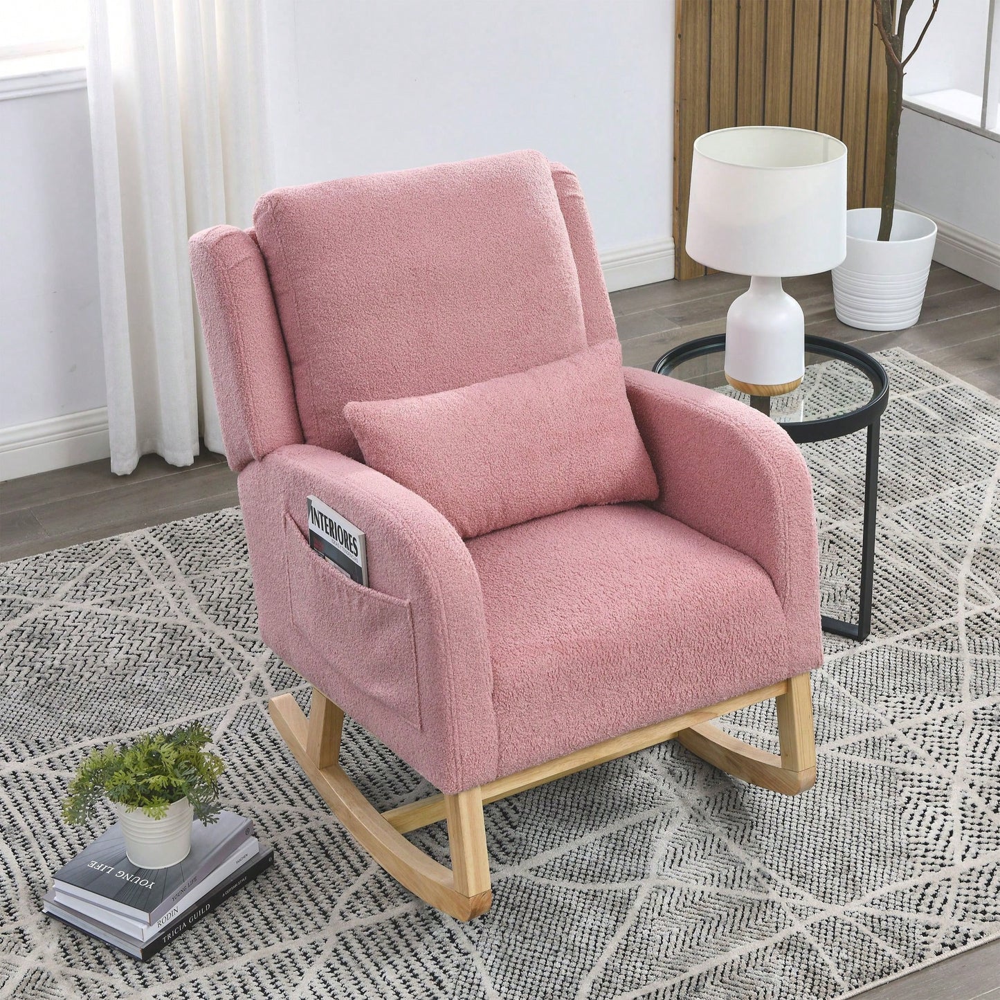 27.5"W Modern Accent High Back Living Room Casual Armchair Rocker With One Lumbar Pillow, Two Side Pockets