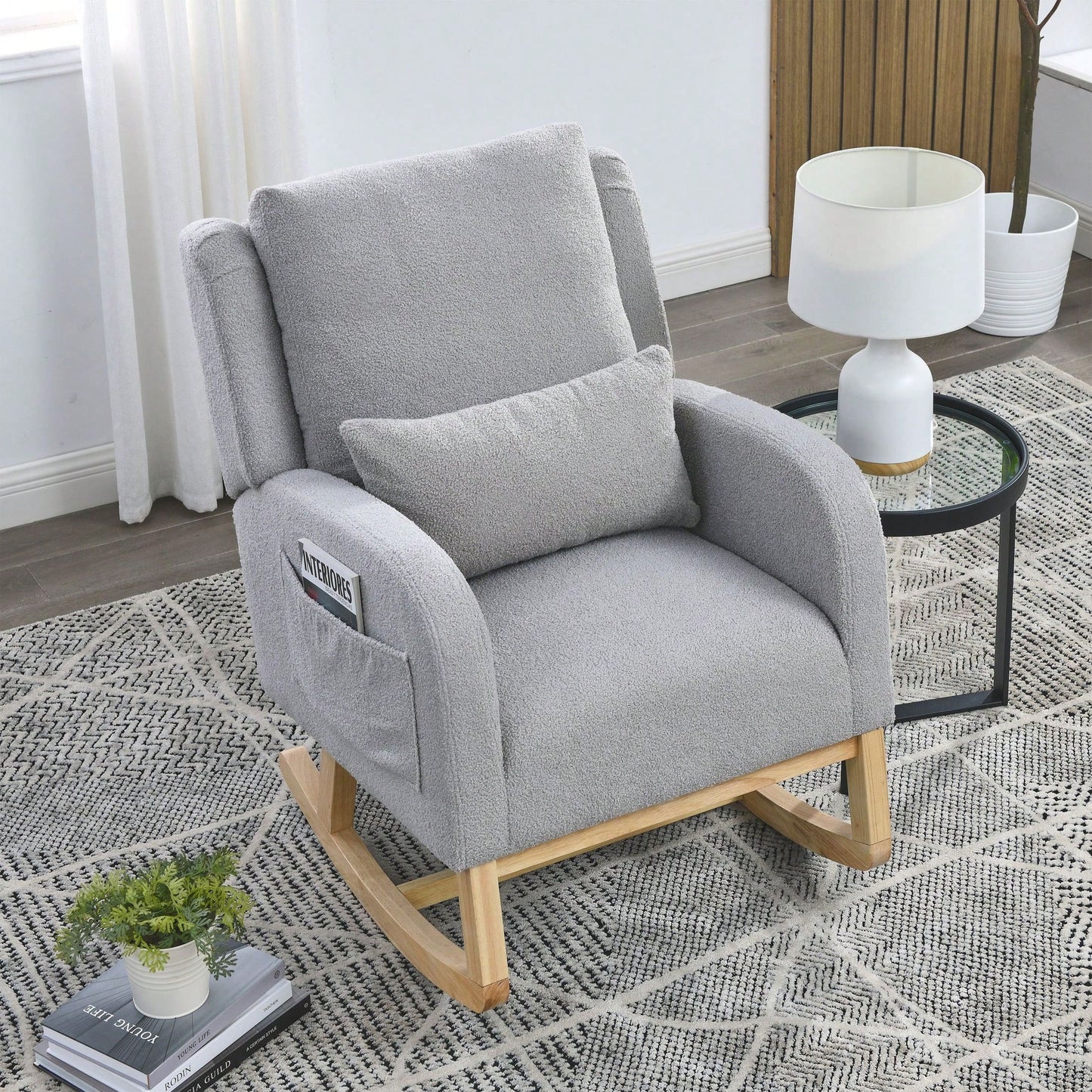 27.5"W Modern Accent High Back Living Room Casual Armchair Rocker With One Lumbar Pillow, Two Side Pockets