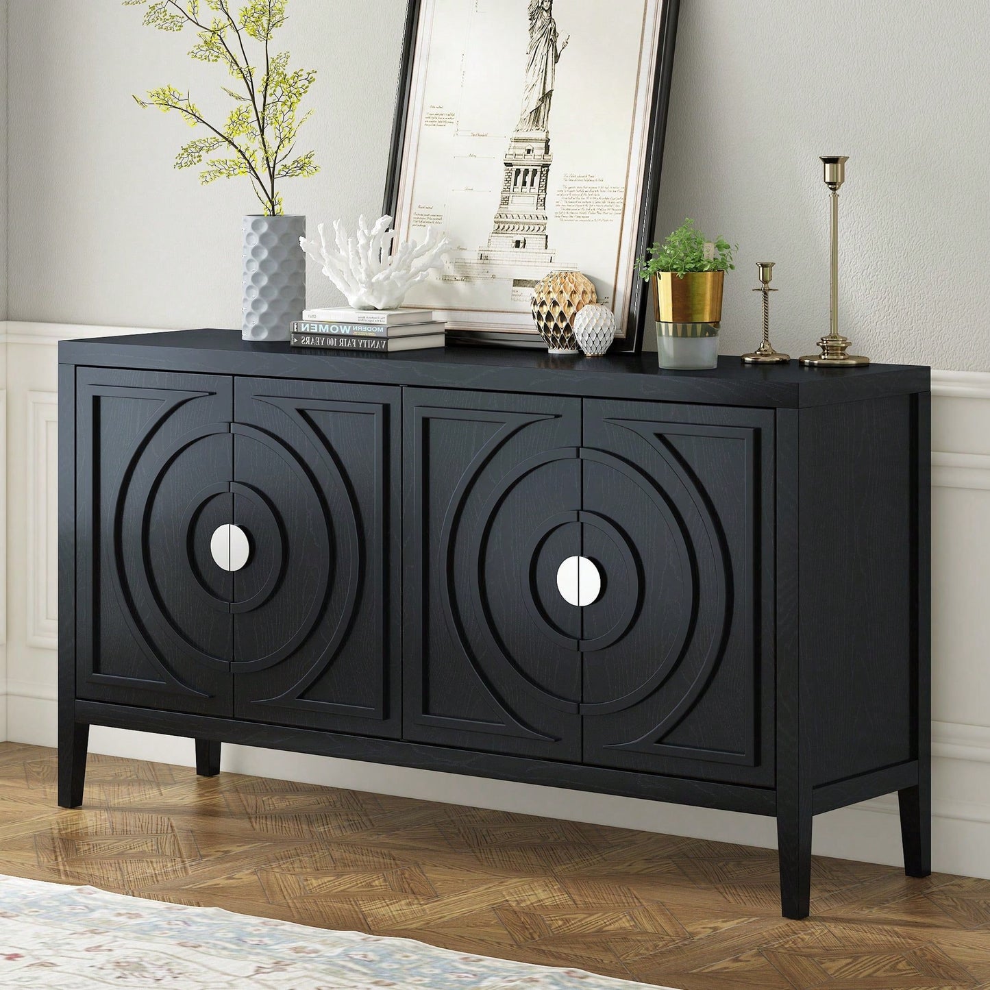 Retro Sideboard With Circular Groove Design, Round Metal Door Handle For Entrance, Dinning Room, Living Room