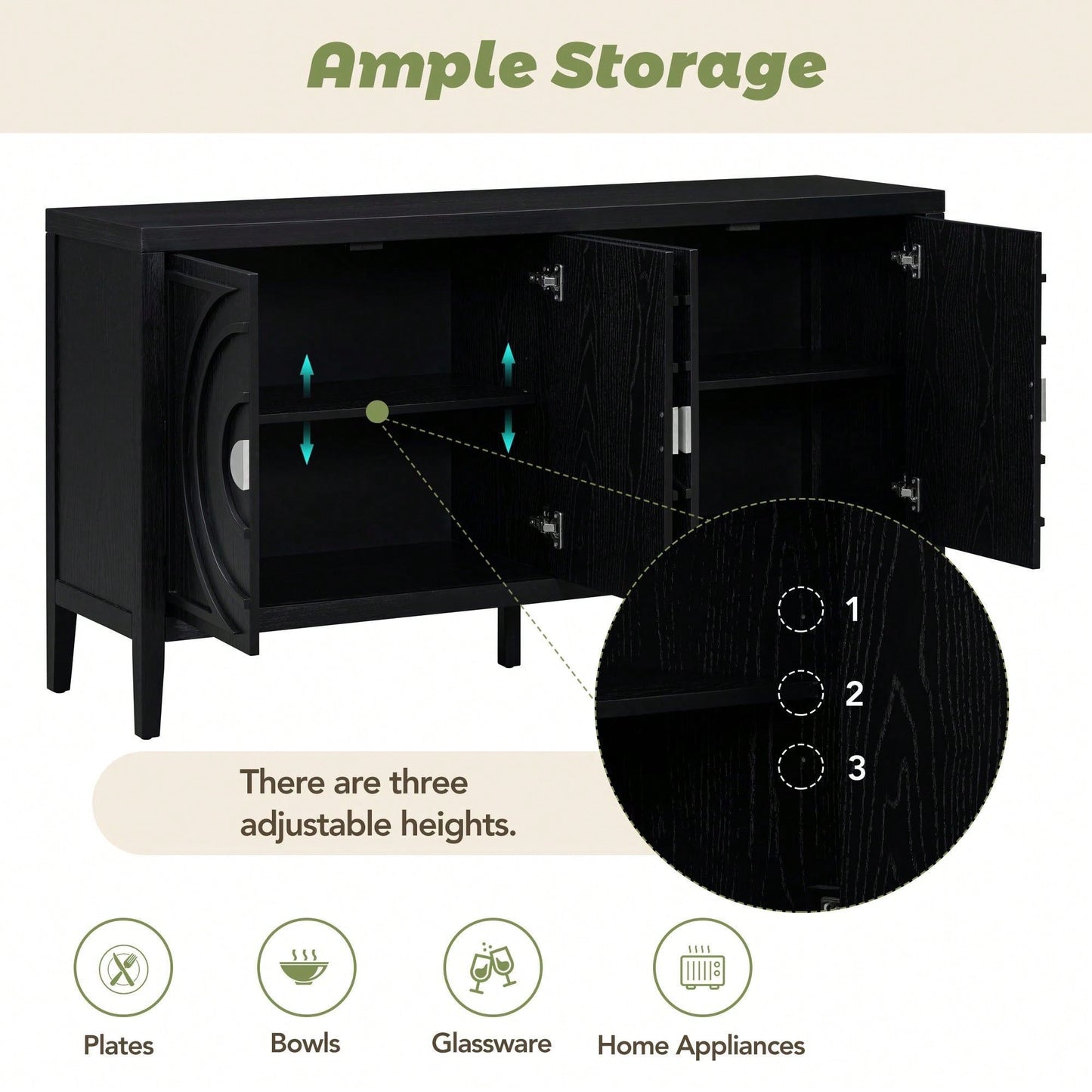 Retro Sideboard With Circular Groove Design, Round Metal Door Handle For Entrance, Dinning Room, Living Room