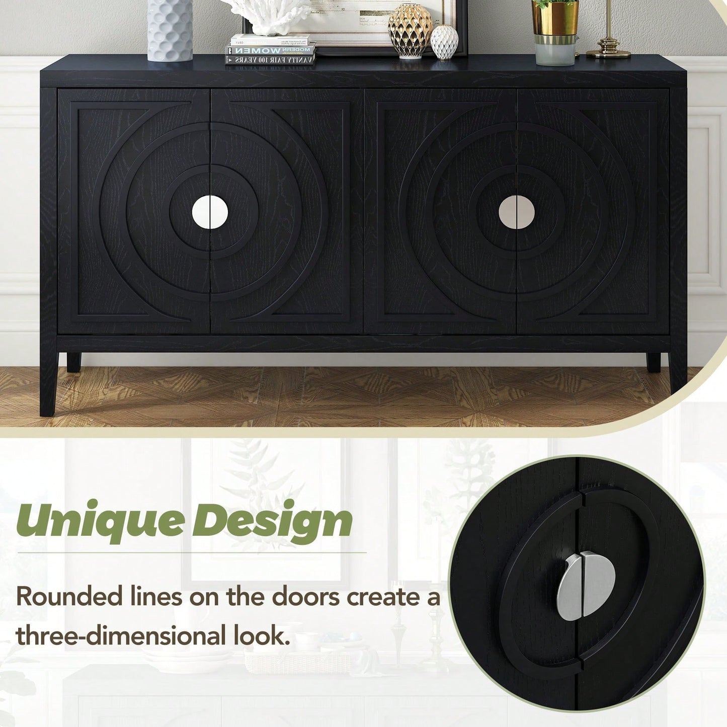 Retro Sideboard With Circular Groove Design, Round Metal Door Handle For Entrance, Dinning Room, Living Room