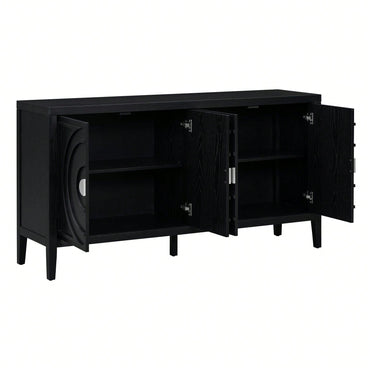 Retro Sideboard With Circular Groove Design, Round Metal Door Handle For Entrance, Dinning Room, Living Room