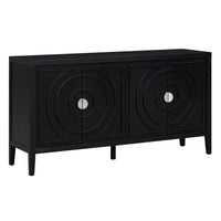 Retro Sideboard With Circular Groove Design, Round Metal Door Handle For Entrance, Dinning Room, Living Room