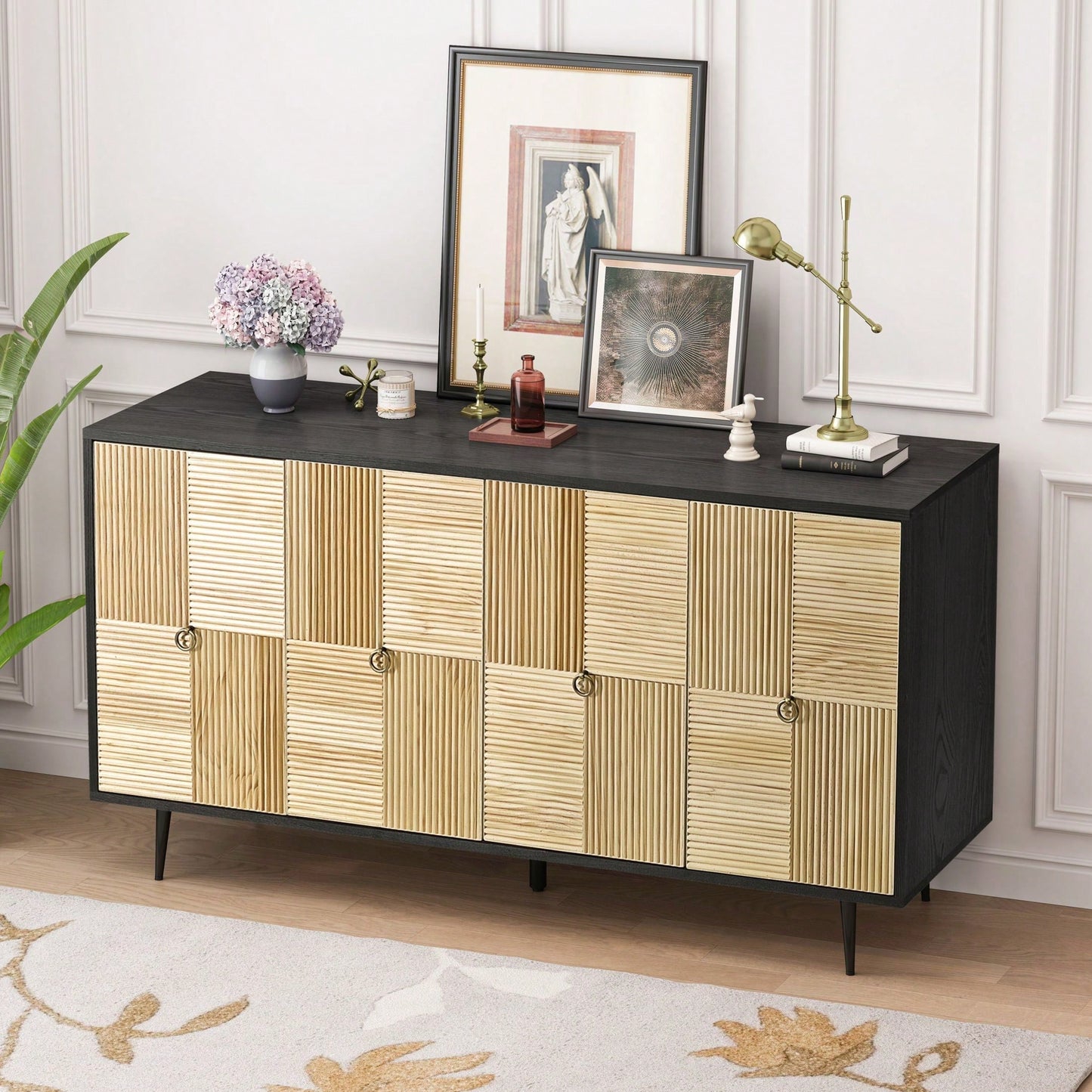 4-Door Cabinet With Carved Effect Decoration Doors,For Bedroom,Living Room,Office,Easy Assembly