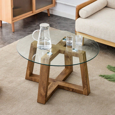 Stylish Modern Tempered Glass Coffee and Tea Table with Wood Colored MDF Base for Living Room and Bedroom