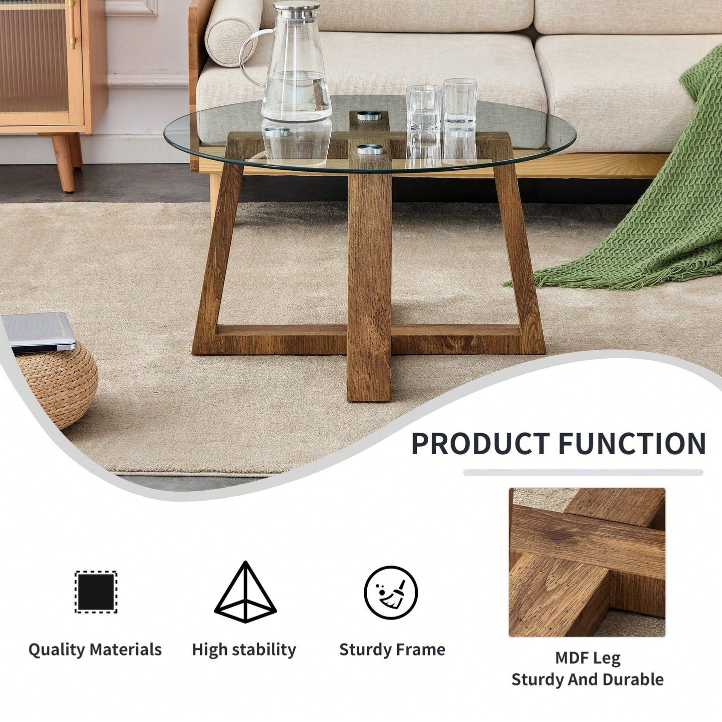 Stylish Modern Tempered Glass Coffee and Tea Table with Wood Colored MDF Base for Living Room and Bedroom