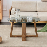 Stylish Modern Tempered Glass Coffee and Tea Table with Wood Colored MDF Base for Living Room and Bedroom