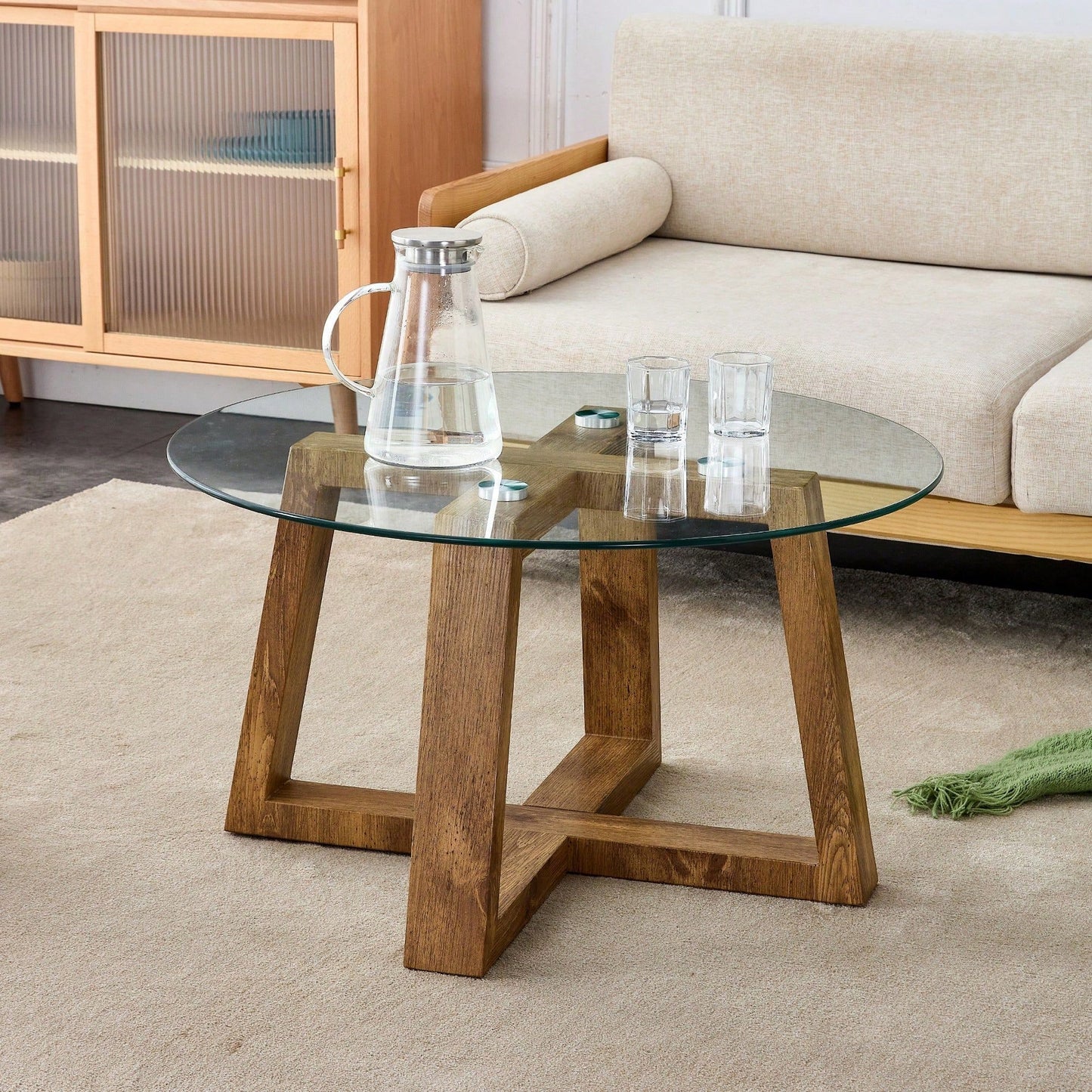 Stylish Modern Tempered Glass Coffee and Tea Table with Wood Colored MDF Base for Living Room and Bedroom