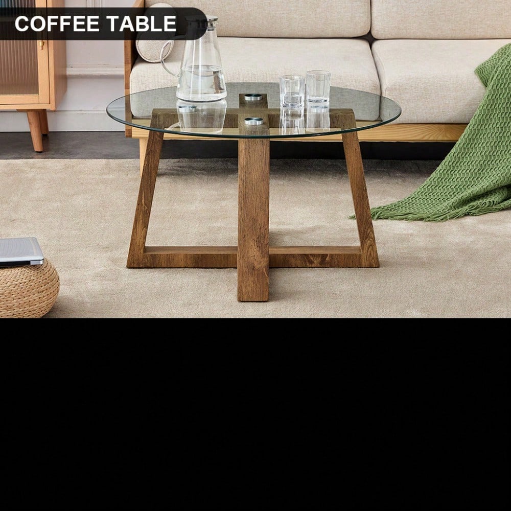 Stylish Modern Tempered Glass Coffee and Tea Table with Wood Colored MDF Base for Living Room and Bedroom