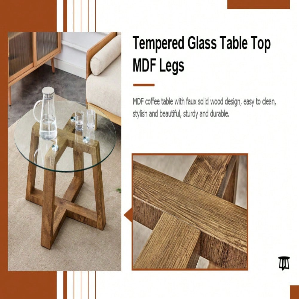 Stylish Modern Tempered Glass Coffee and Tea Table with Wood Colored MDF Base for Living Room and Bedroom