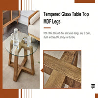 Stylish Modern Tempered Glass Coffee and Tea Table with Wood Colored MDF Base for Living Room and Bedroom