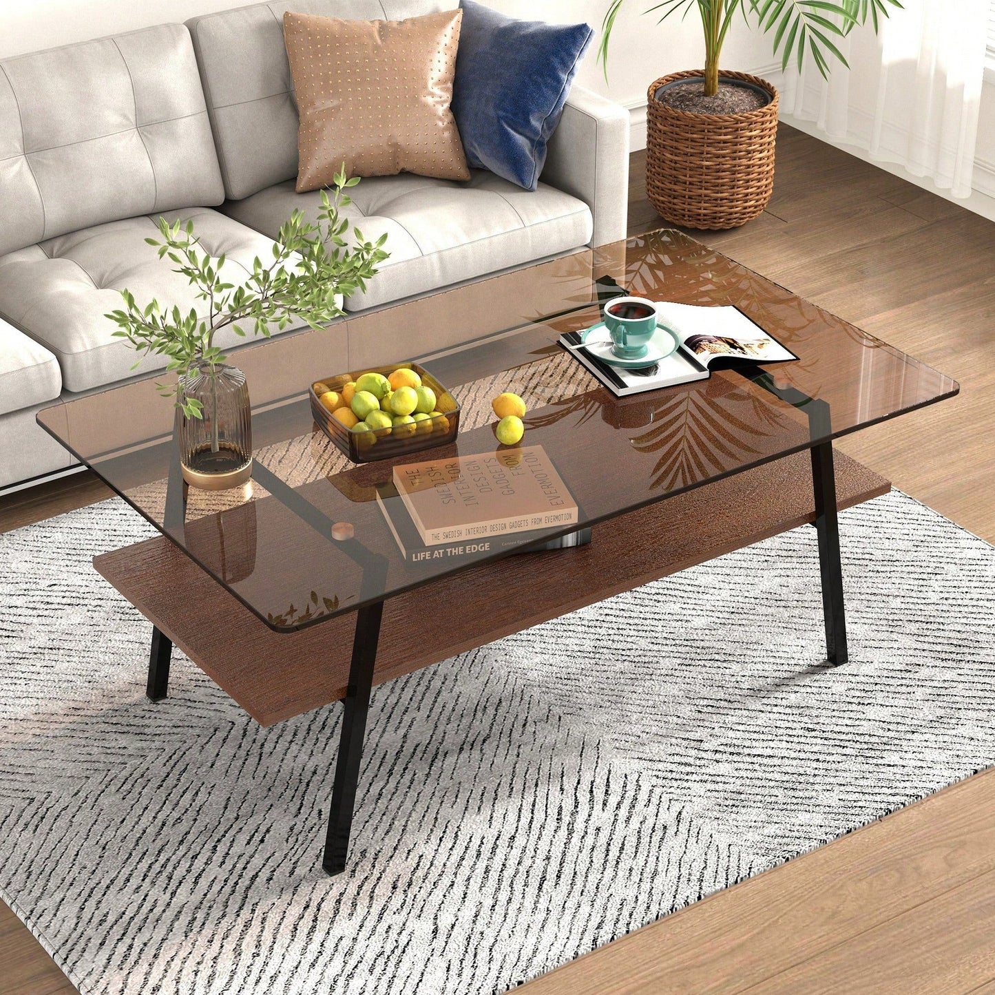 Rectangle Coffee Table, Tempered Glass Tabletop With  Metal Legs, Modern Table For Living Room