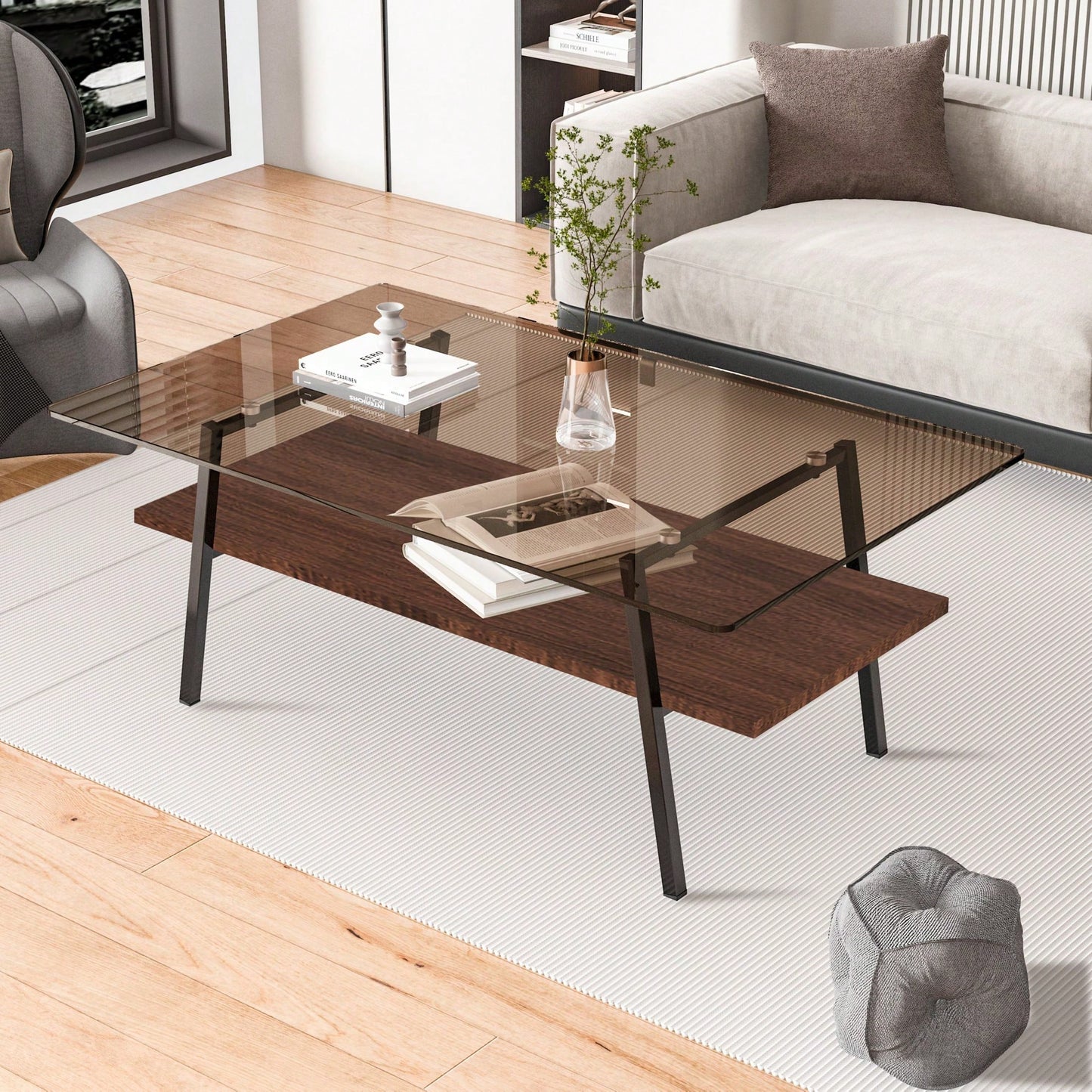 Rectangle Coffee Table, Tempered Glass Tabletop With  Metal Legs, Modern Table For Living Room