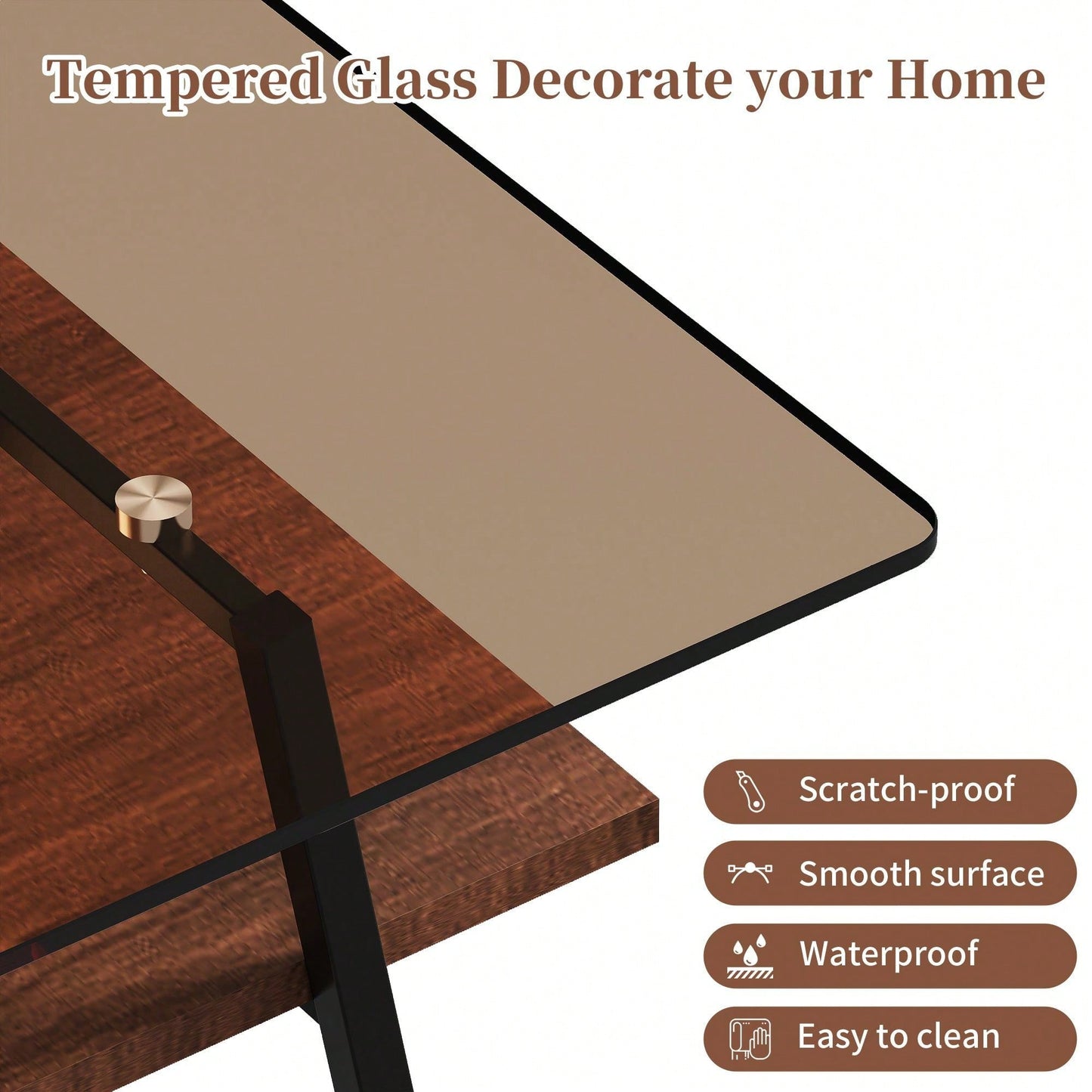 Rectangle Coffee Table, Tempered Glass Tabletop With  Metal Legs, Modern Table For Living Room