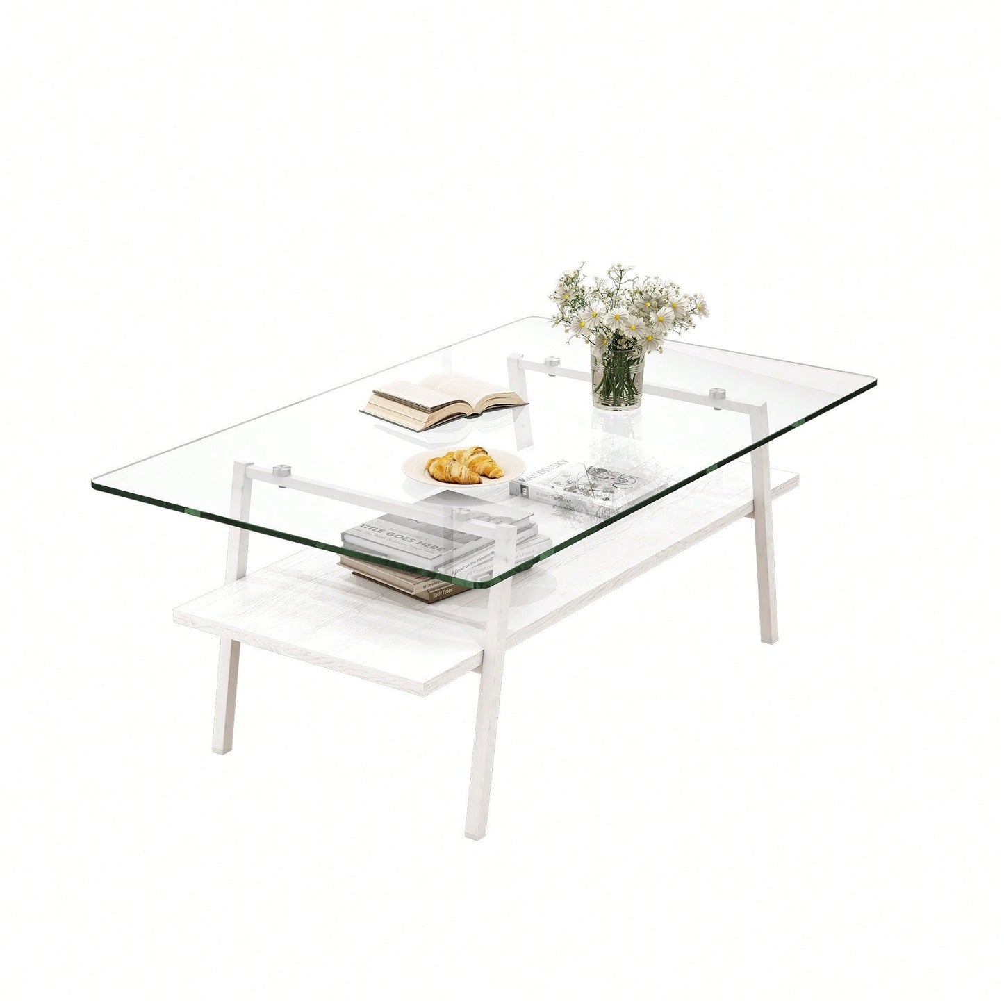 Rectangle Coffee Table, Tempered Glass Tabletop With  Metal Legs, Modern Table For Living Room