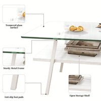 Rectangle Coffee Table, Tempered Glass Tabletop With  Metal Legs, Modern Table For Living Room