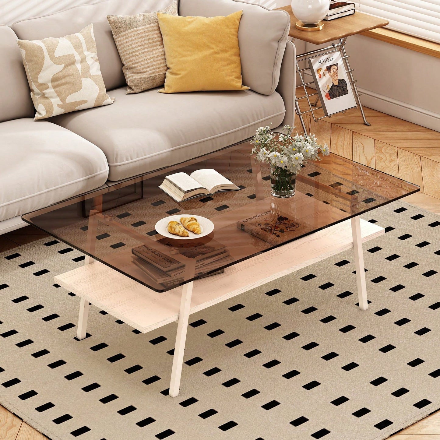 Rectangle Coffee Table, Tempered Glass Tabletop With  Metal Legs, Modern Table For Living Room