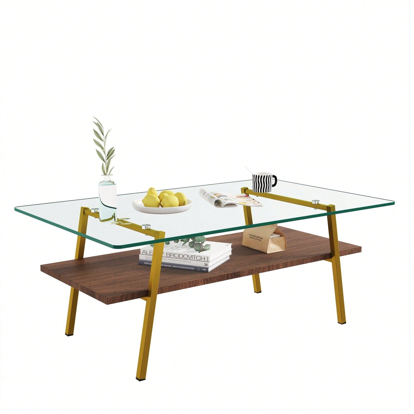 Rectangle Coffee Table, Tempered Glass Tabletop With  Metal Legs, Modern Table For Living Room
