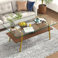 Rectangle Coffee Table, Tempered Glass Tabletop With  Metal Legs, Modern Table For Living Room