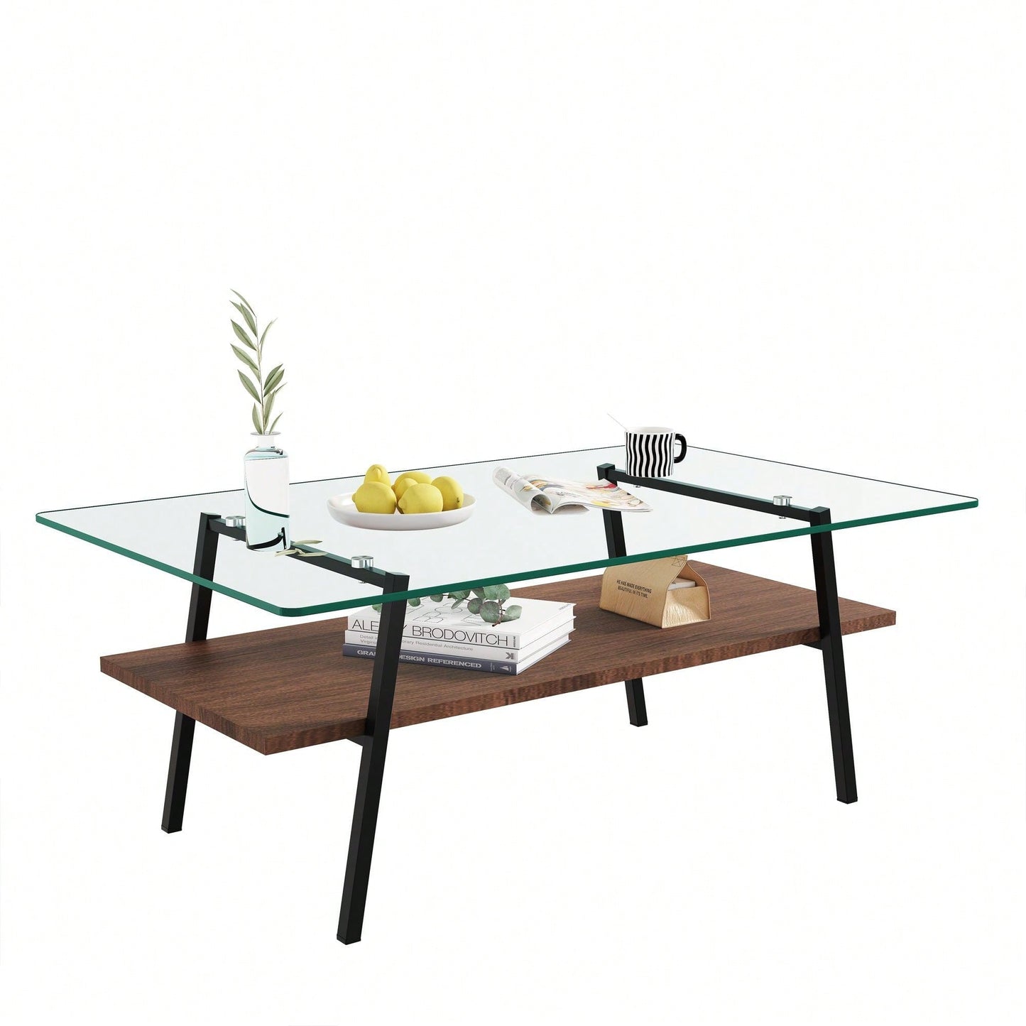Rectangle Coffee Table, Tempered Glass Tabletop With  Metal Legs, Modern Table For Living Room
