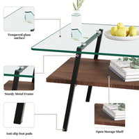 Rectangle Coffee Table, Tempered Glass Tabletop With  Metal Legs, Modern Table For Living Room