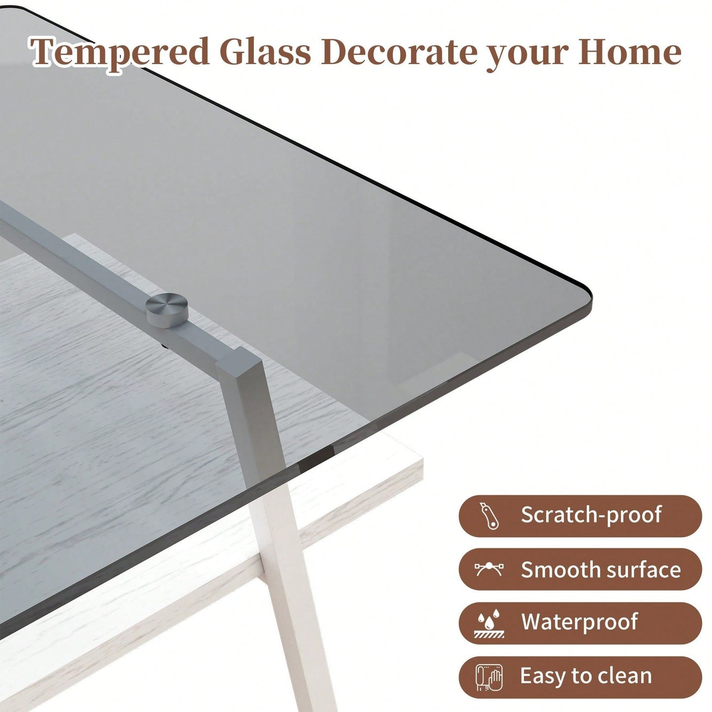 Rectangle Coffee Table, Tempered Glass Tabletop With  Metal Legs, Modern Table For Living Room