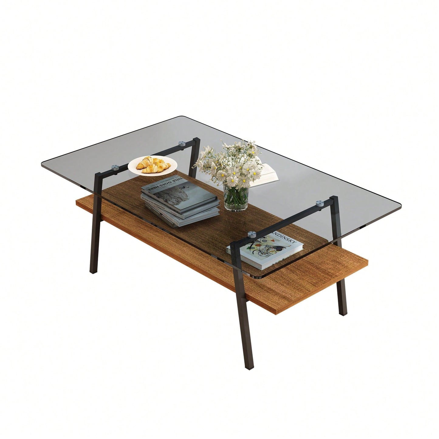 Rectangle Coffee Table, Tempered Glass Tabletop With  Metal Legs, Modern Table For Living Room