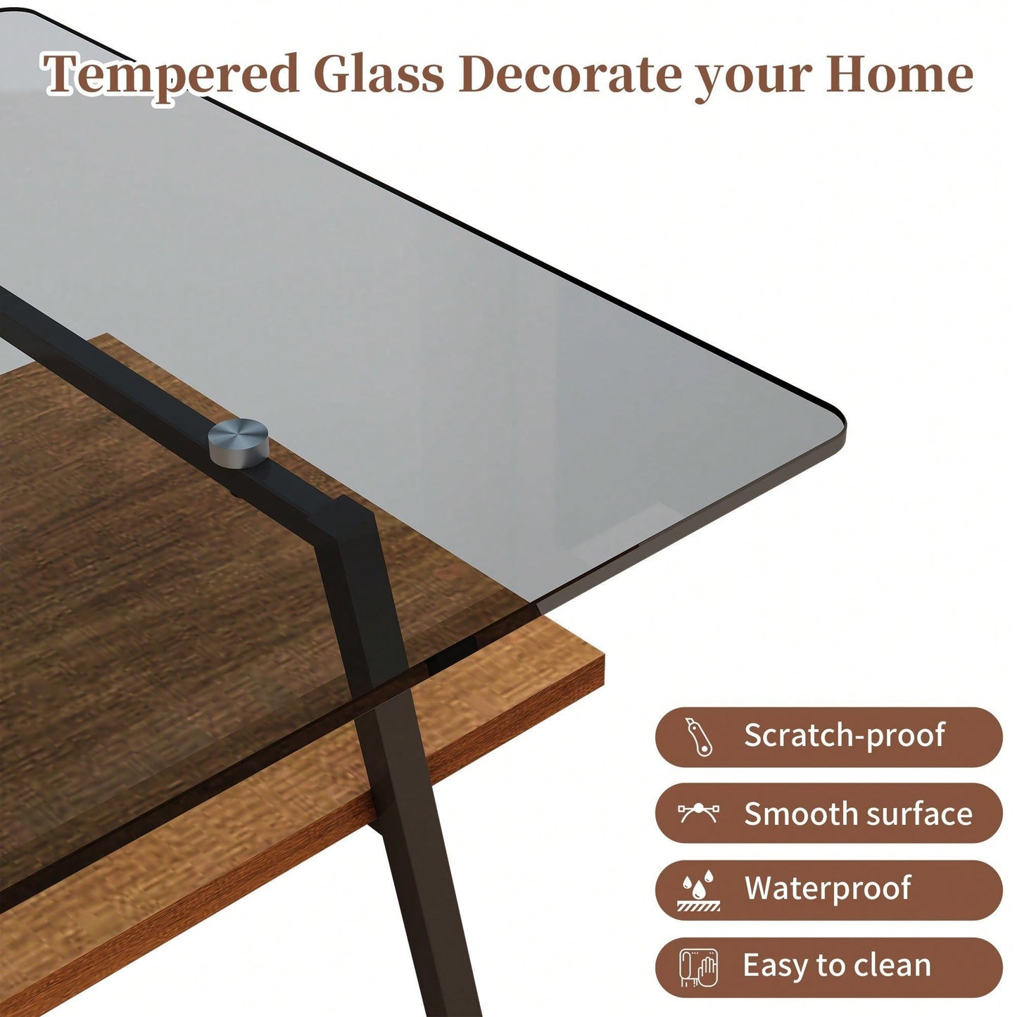 Rectangle Coffee Table, Tempered Glass Tabletop With  Metal Legs, Modern Table For Living Room