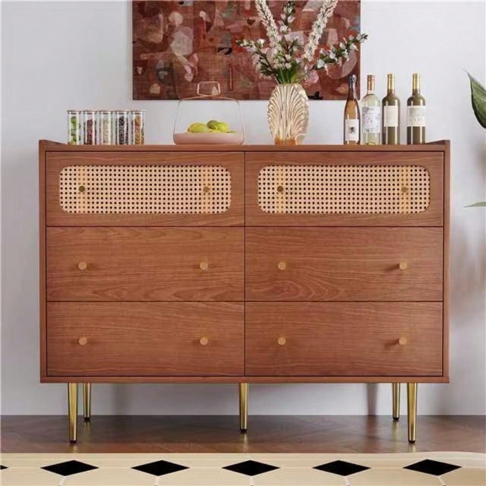 6 Drawer Rattan Chest of Drawers Storage Cabinet for Bedroom and Home Office