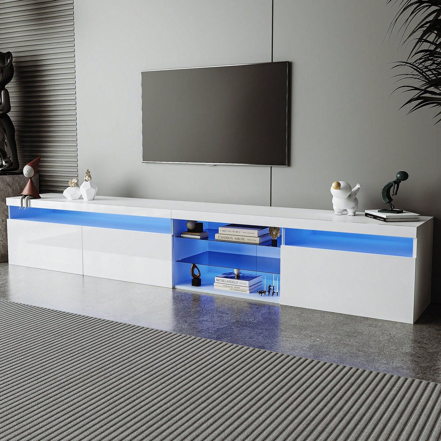 Spacious TV Stand with 2 Glass Shelves and LED Lights for TVs Up to 100 Inches Ideal Media Console for Living Room