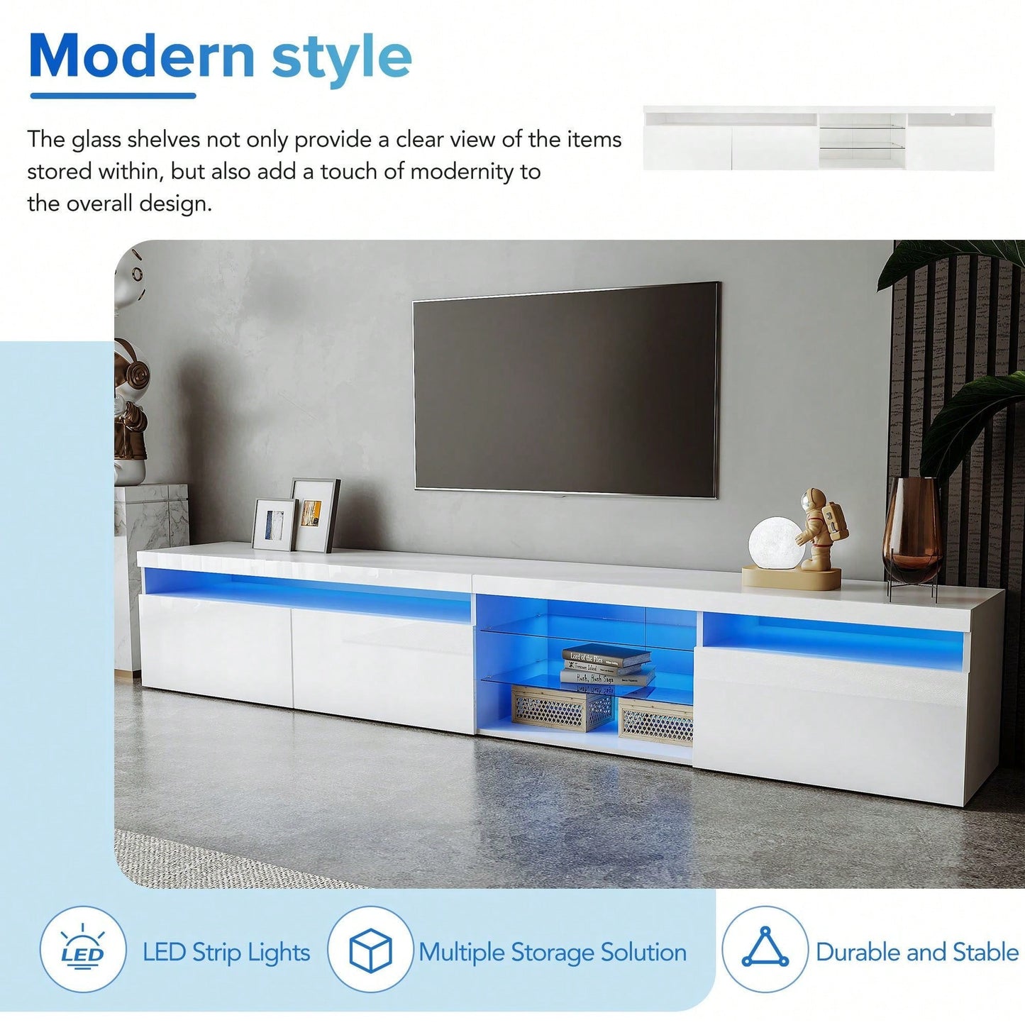 Spacious TV Stand with 2 Glass Shelves and LED Lights for TVs Up to 100 Inches Ideal Media Console for Living Room