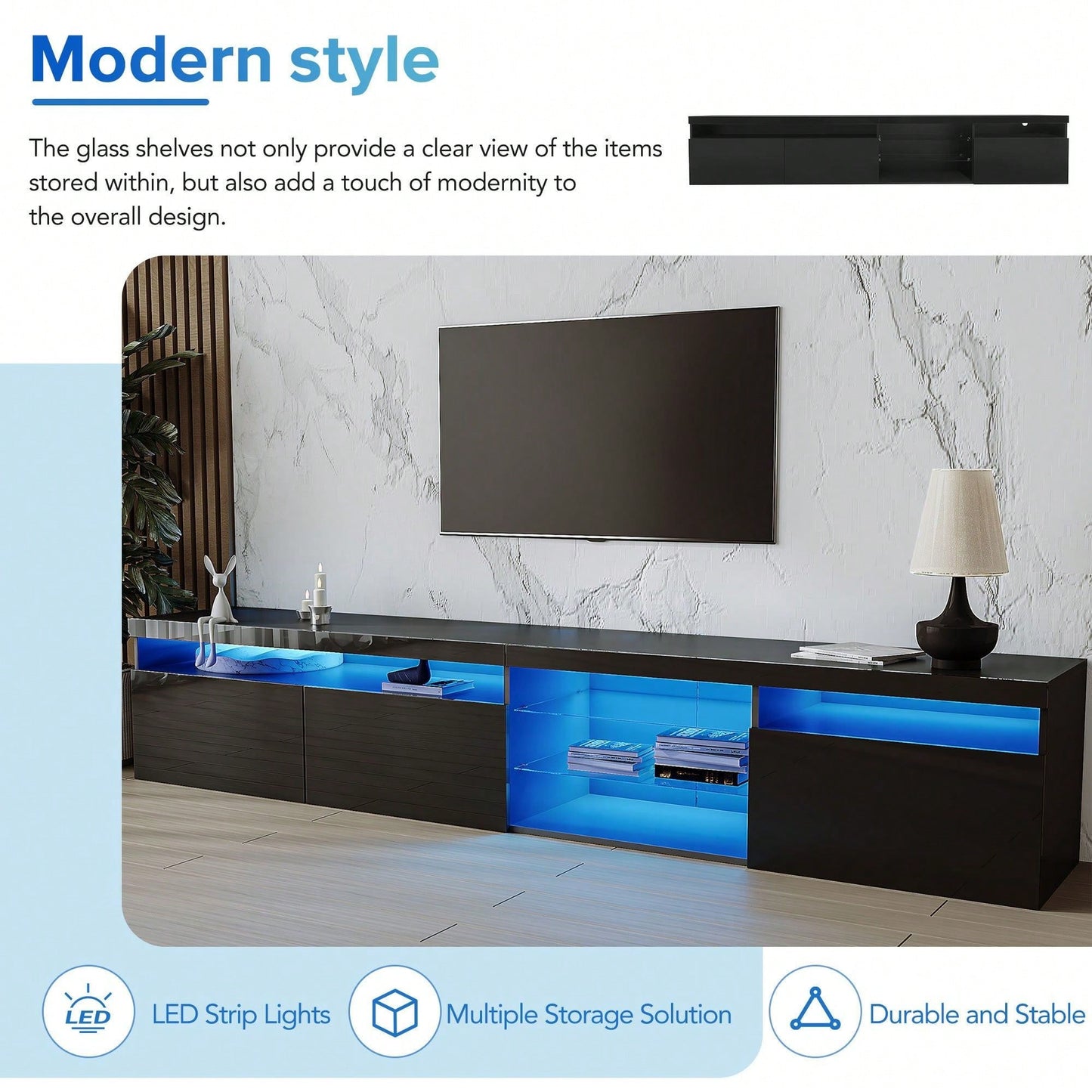 Spacious TV Stand with 2 Glass Shelves and LED Lights for TVs Up to 100 Inches Ideal Media Console for Living Room