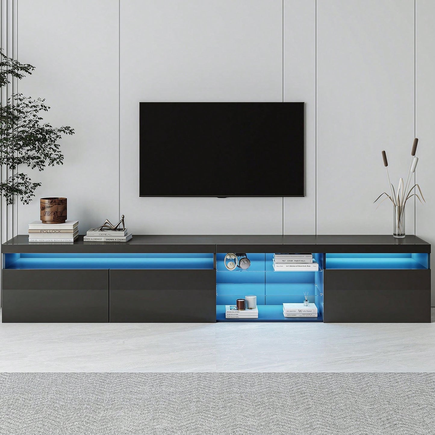 Spacious TV Stand with 2 Glass Shelves and LED Lights for TVs Up to 100 Inches Ideal Media Console for Living Room